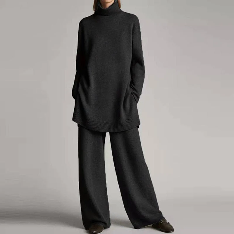 Women's wool blend knit turtleneck loungewear set with oversized top and wide-leg pants
