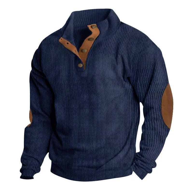 Men's gray classic knit pullover sweater with button neck collar and contrast elbow patches