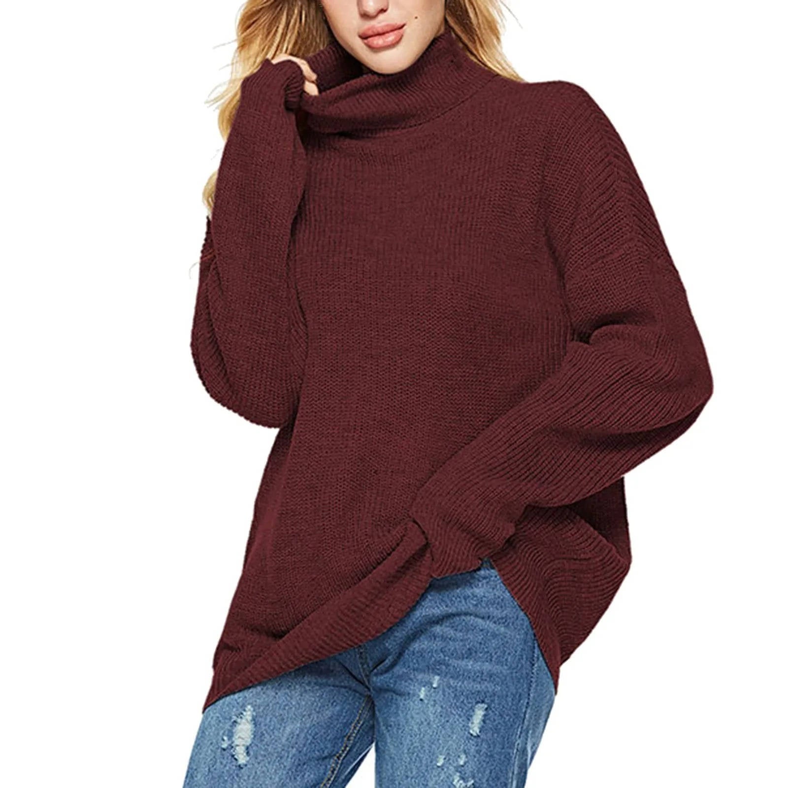 Women's striped turtleneck sweater oversized relaxed fit, cozy high-neck knit workwear layer