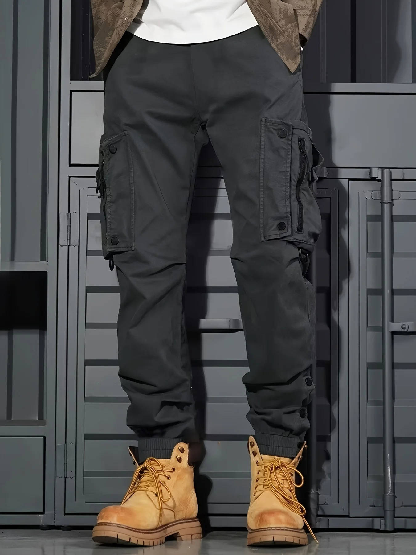 Men's tactical jogger pants olive green slim fit with elastic waistband for outdoor streetwear