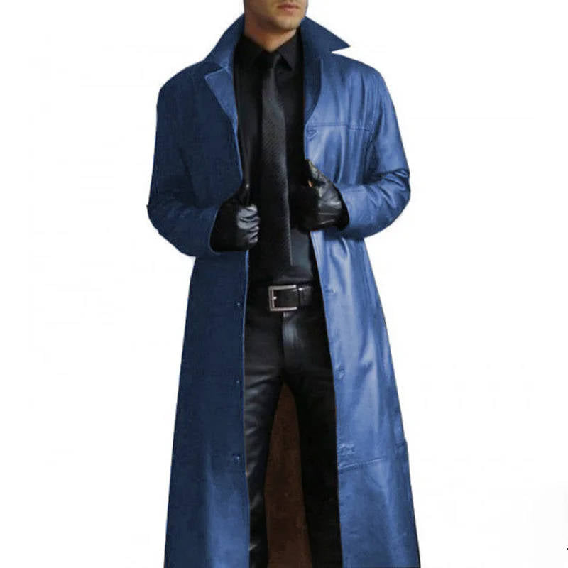 Men's black full-grain PU leather trench coat windproof full-length vintage-inspired all-season outerwear