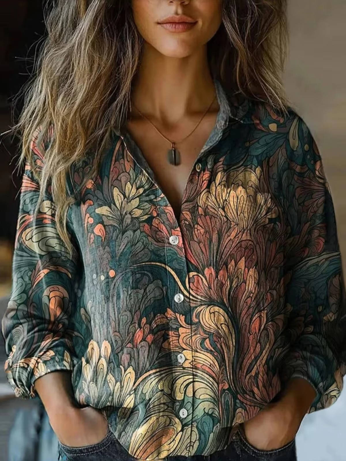 Women's floral cotton-linen blouse long sleeve fold-down collar button placket breathable easy-care top