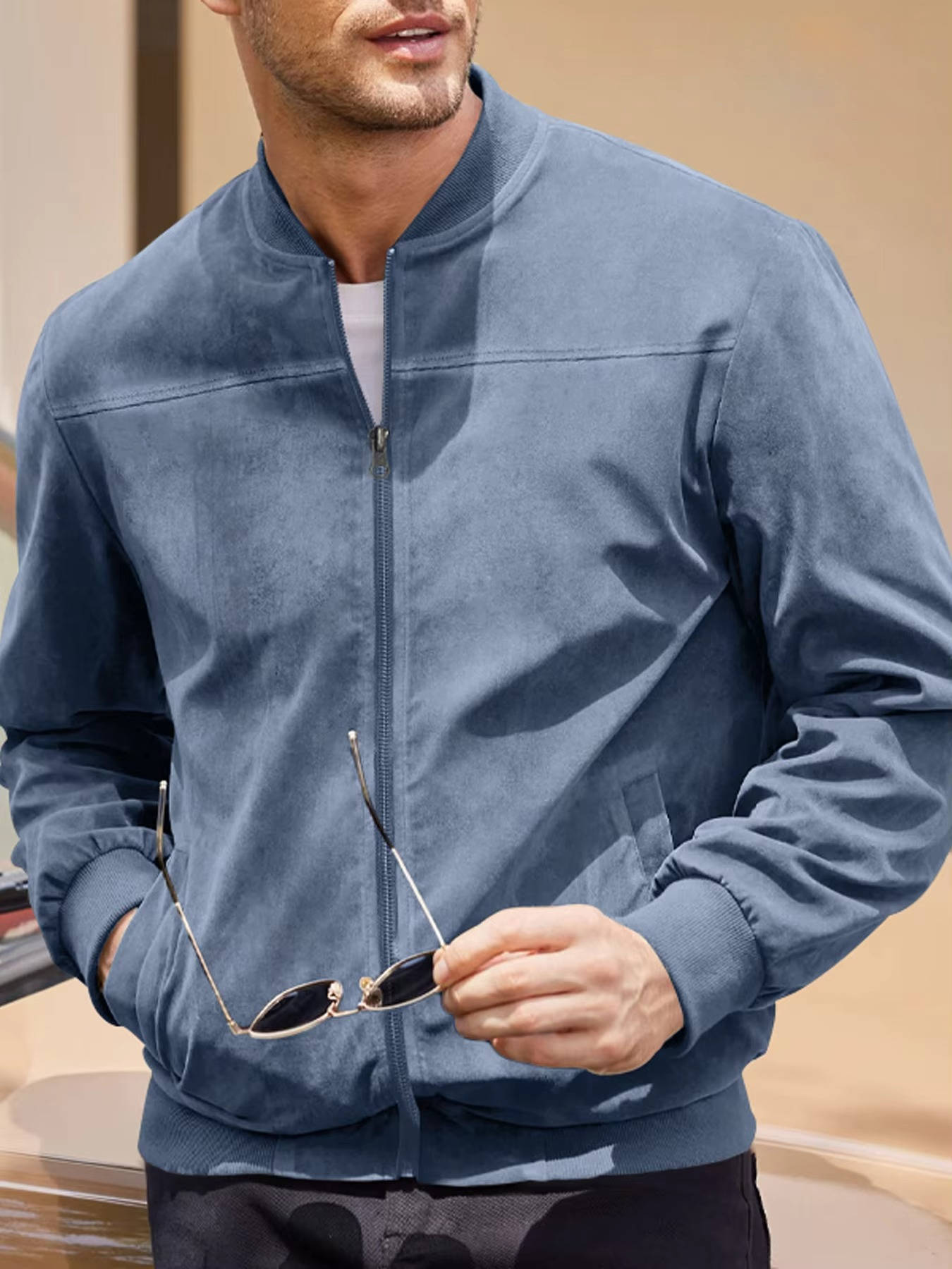 Men's light brown suede bomber jacket windproof lightweight slim-fit all-season street style