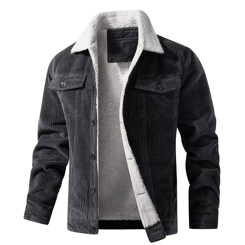 Men's brown corduroy sherpa jacket with plush fleece lining, relaxed fit, wind-resistant shell