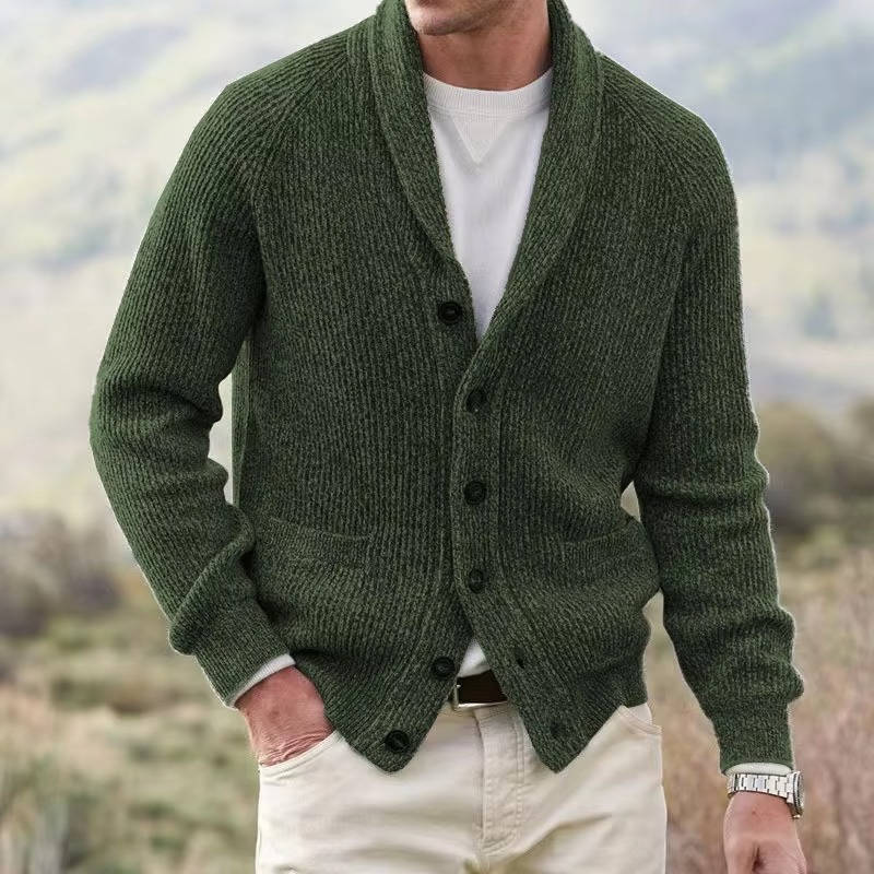 Men's cashmere blend cardigan shawl collar button-front knit sweater elegant everyday layering piece