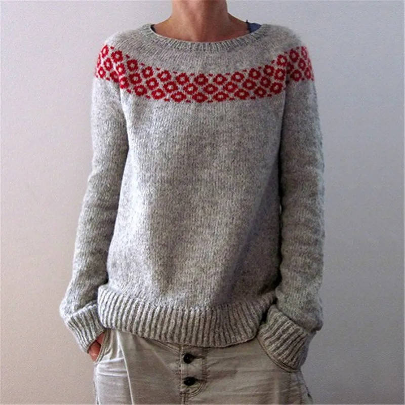 Women's Nordic Fair Isle wool sweater cozy knit with vintage Aztec mountain landscape print
