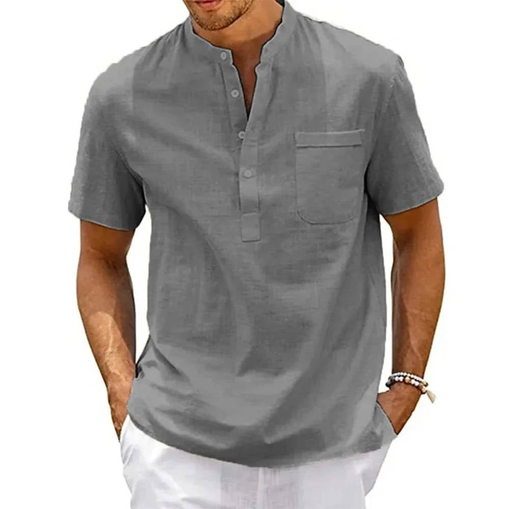 Beige men's linen Henley shirt relaxed fit short sleeves breathable cotton-linen blend chest pocket