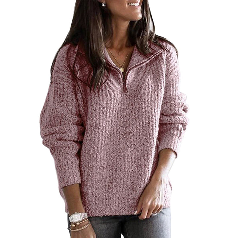 Women's ribbed zip-up sweater in cozy knit texture, casual layering style with zip-front closure