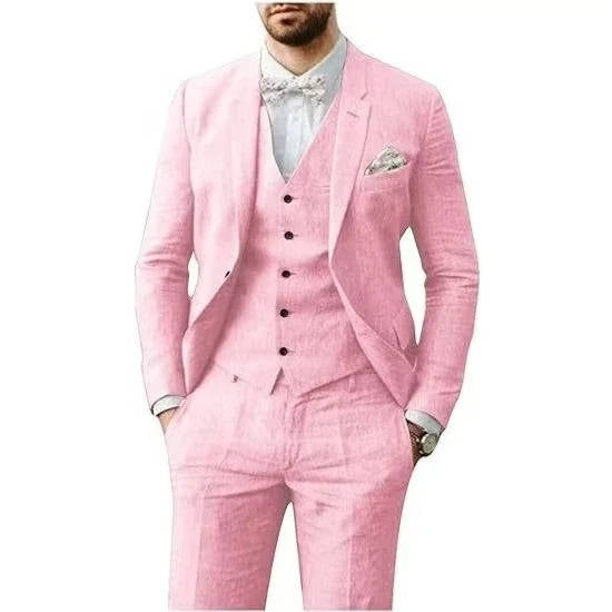 Men light blue linen three-piece suit with vest, breathable slim-fit style for summer weddings