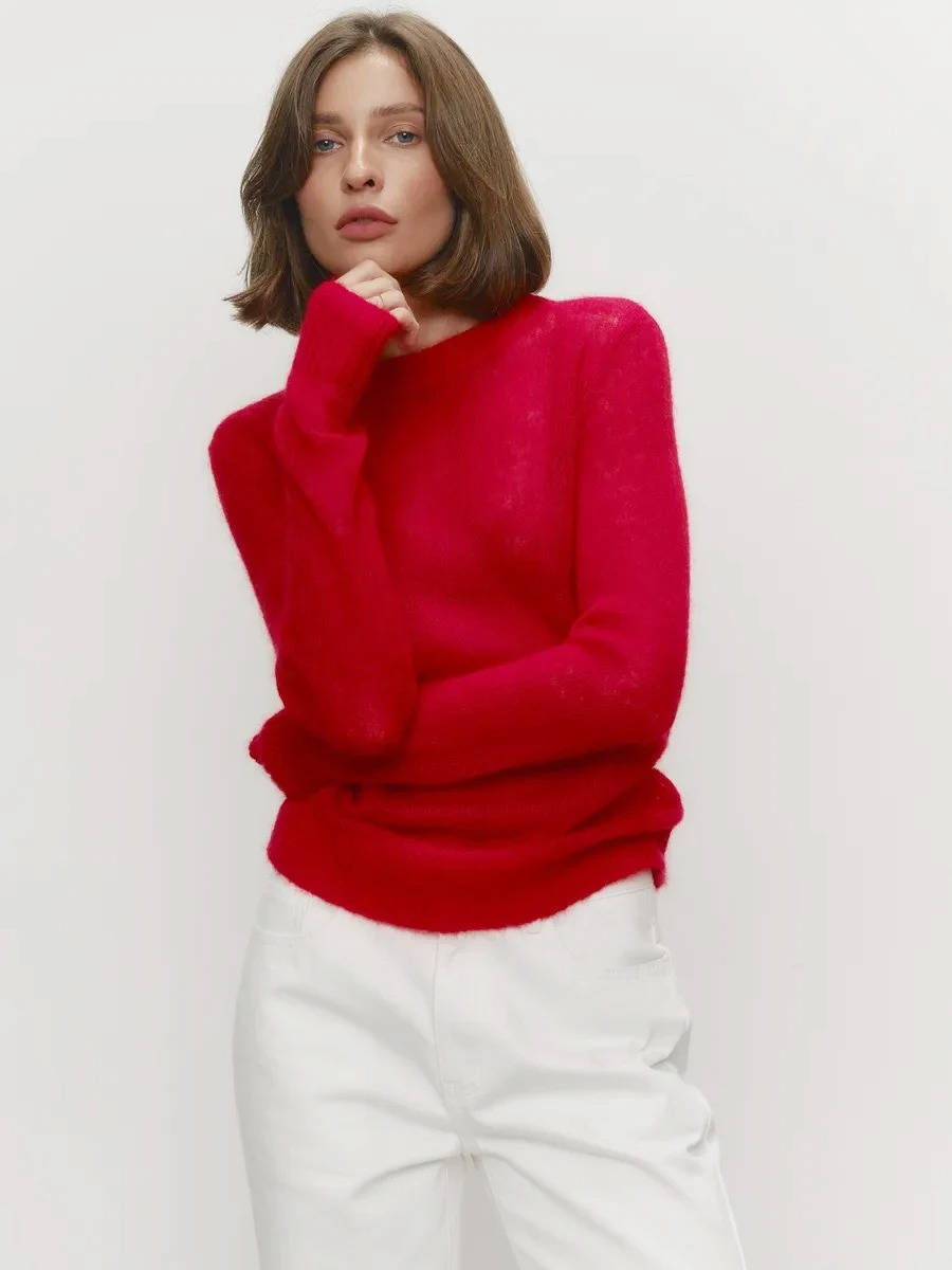Women's lightweight semi-sheer mohair knit sweater O-neck pullover in neutral tone for layering