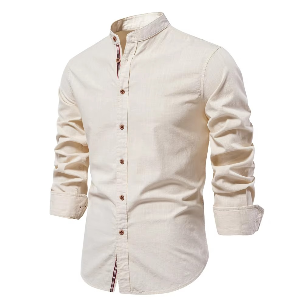 Men's casual cotton long sleeve shirt stand collar striped placket slim fit everyday professional style