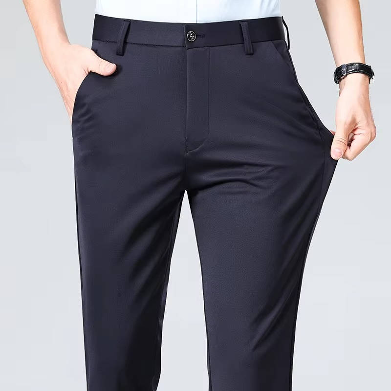 Men's slim fit dress pants in classic neutral, lightweight stretch fabric for all-day professional comfort