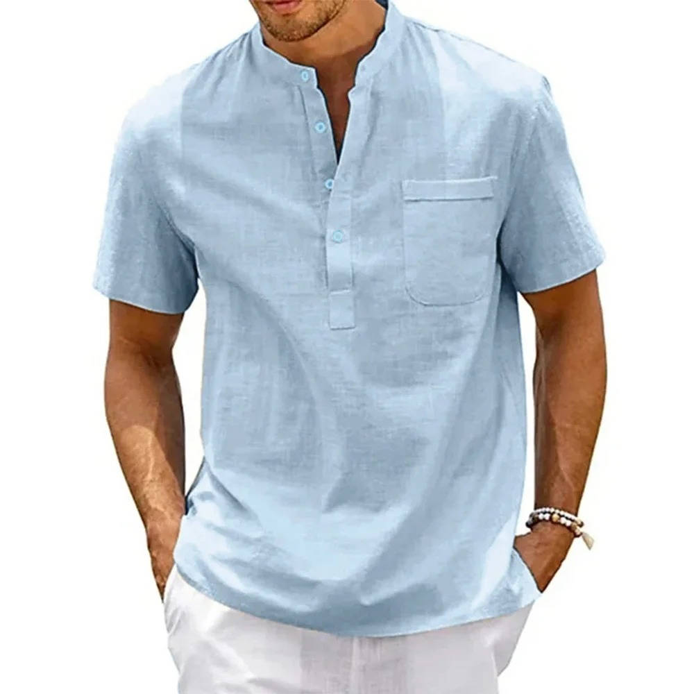 Beige men's linen henley shirt relaxed fit short sleeves breathable cotton blend chest pocket
