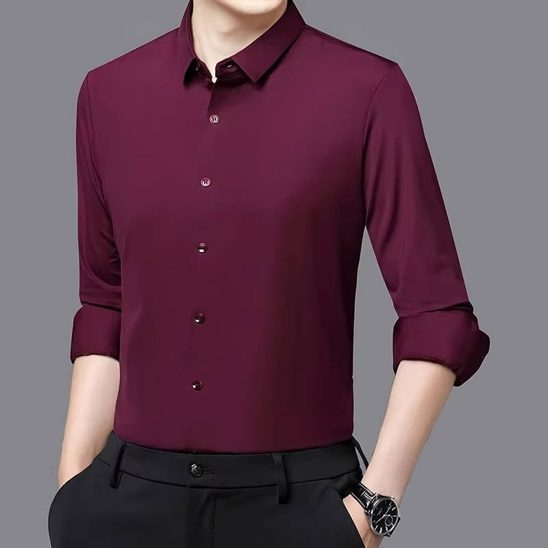 Men's white ultra-stretch wrinkle-free dress shirt slim fit four-way stretch nylon spandex blend