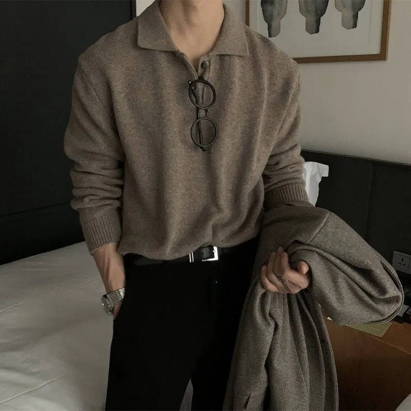 Men's black Korean-style knit polo collar sweater long sleeve viscose blend casual wear