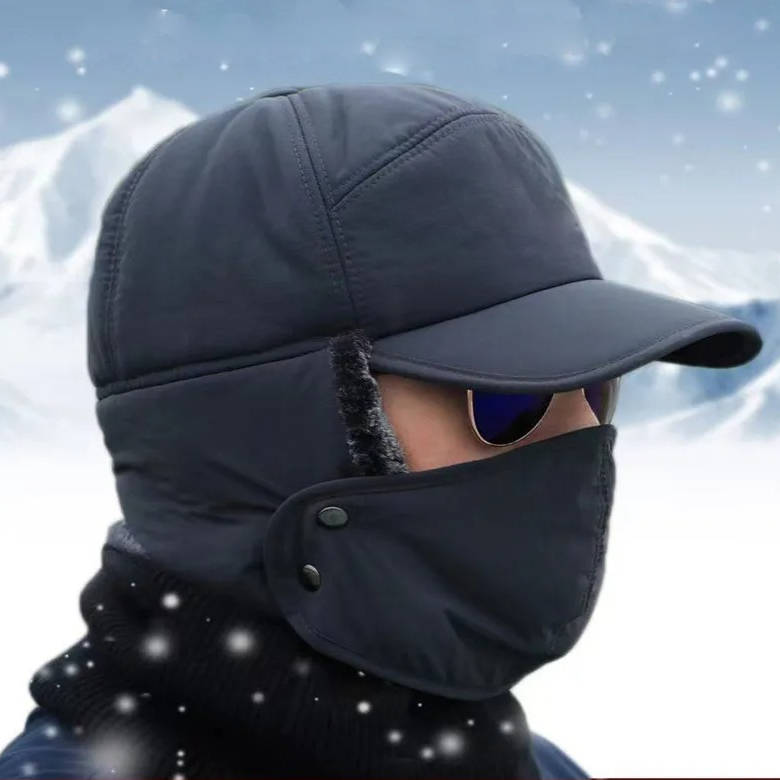 Winter trapper hat with ear flaps, polyester shell, faux fur lining, water-resistant for cold outdoor use
