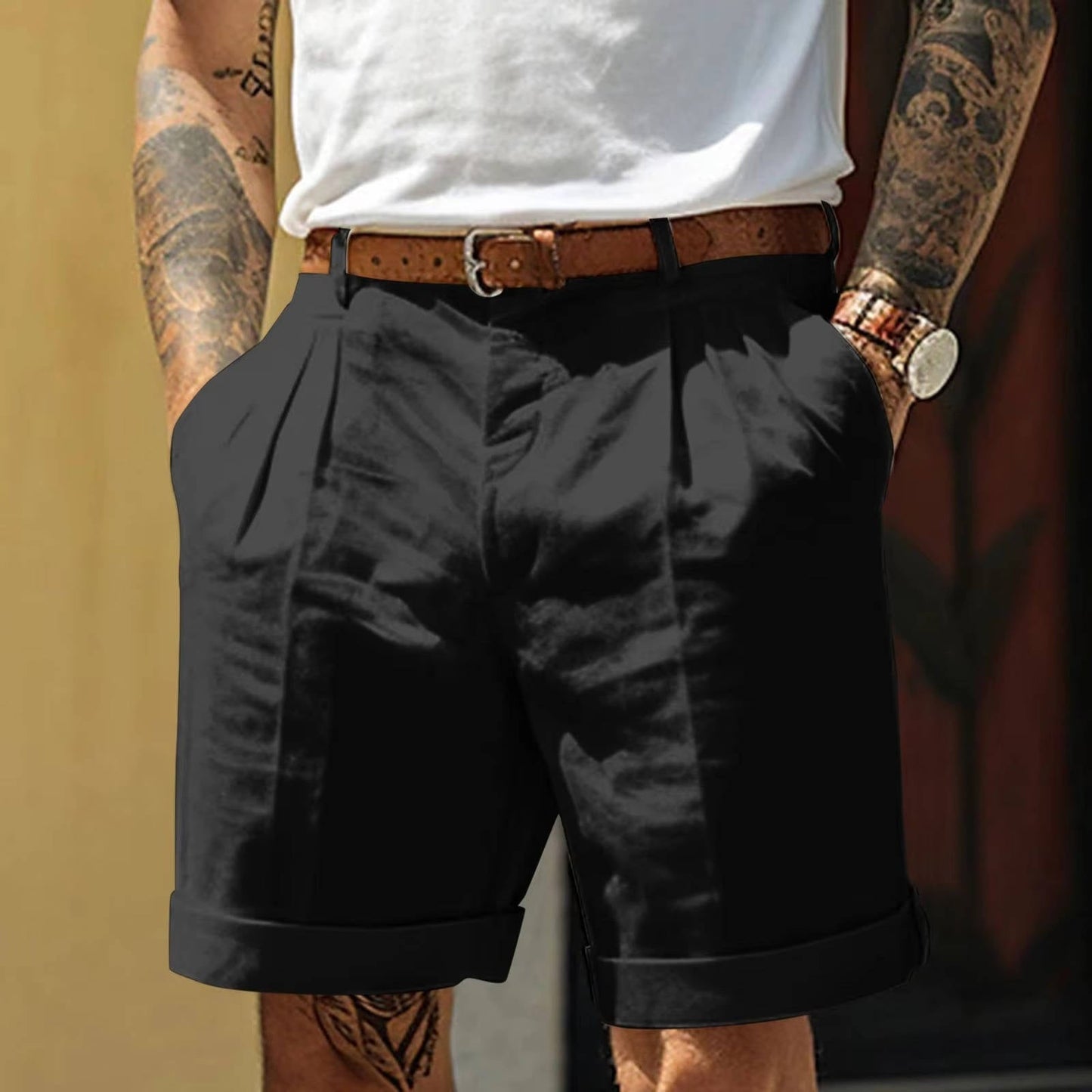 Men's white pleated cotton linen blend shorts with cuffed hem, lightweight breathable casual fit