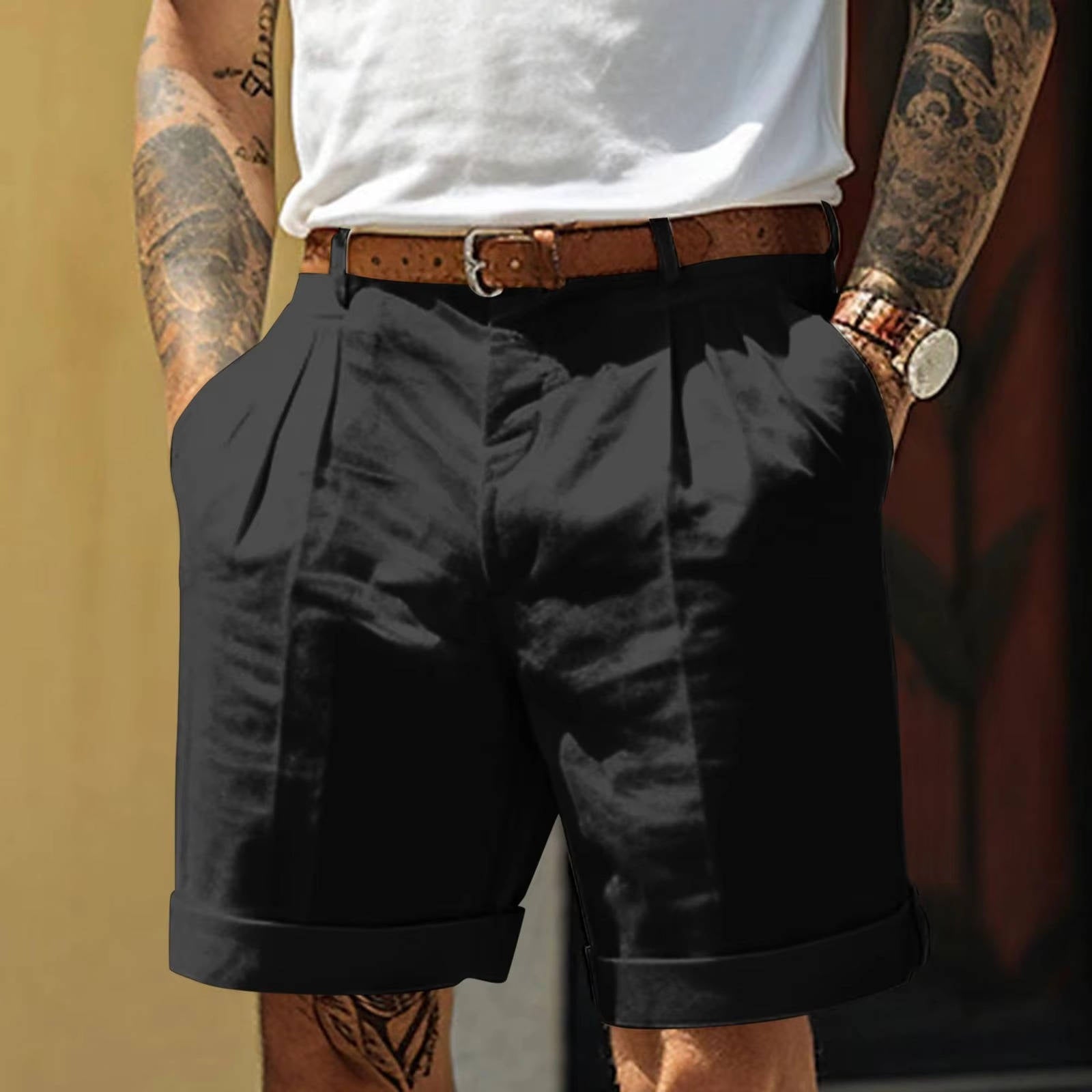 Men's white pleated cotton linen blend shorts with cuffed hem, lightweight breathable casual fit