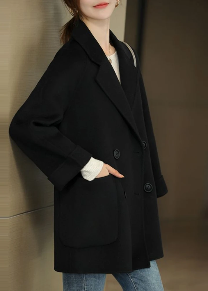 Beige oversized double-breasted trench coat with bold statement buttons, Korean-inspired silhouette for women