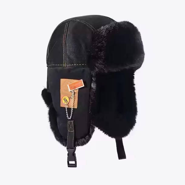 Charcoal wool trapper hat with faux fur lining, ear flaps, and classic outdoor winter silhouette