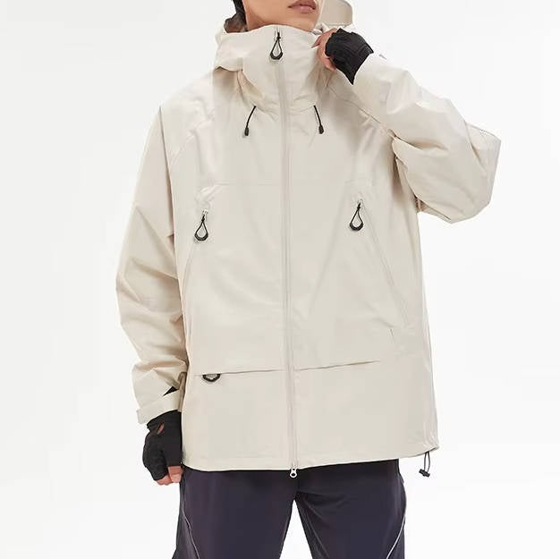 Men's waterproof hiking rain jacket hooded shell with front zipper pockets in urban outdoor style