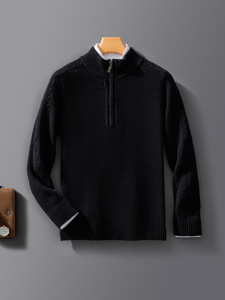 Men's wool knit sweatshirt relaxed fit with zip collar, warm textured premium fabric for autumn