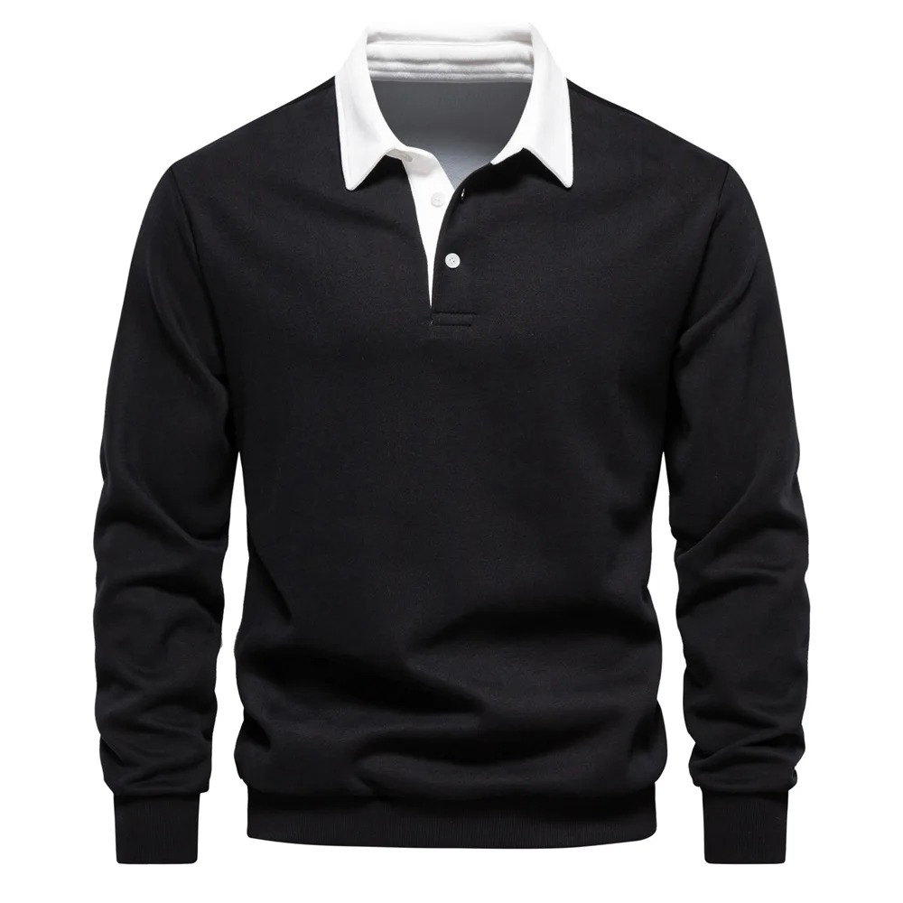 Navy blue men's long sleeve polo shirt cotton blend relaxed fit breathable everyday comfort wear