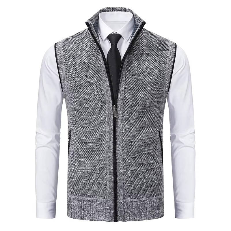 Men's wool tweed vest zip-front sleeveless regular fit brown herringbone formal casual layering