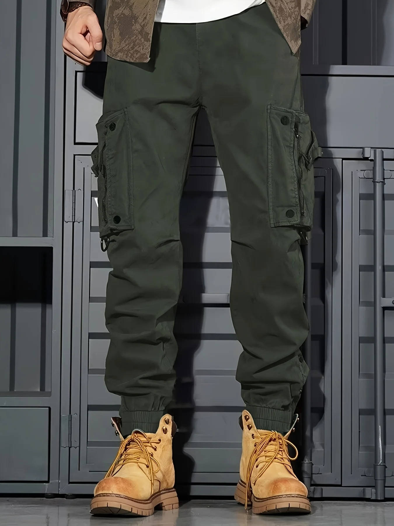 Olive tactical jogger pants slim fit with elastic waistband and multi-pocket durable streetwear design