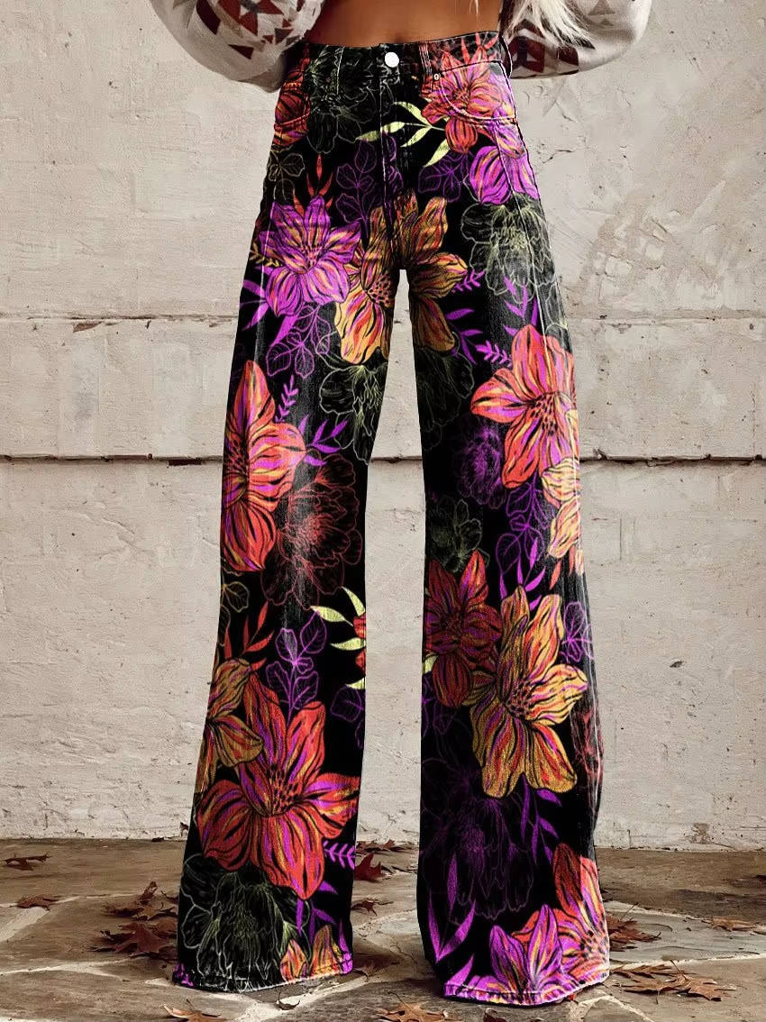 Women's high-waisted floral bell-bottom pants vintage-inspired wide-leg silhouette bold print