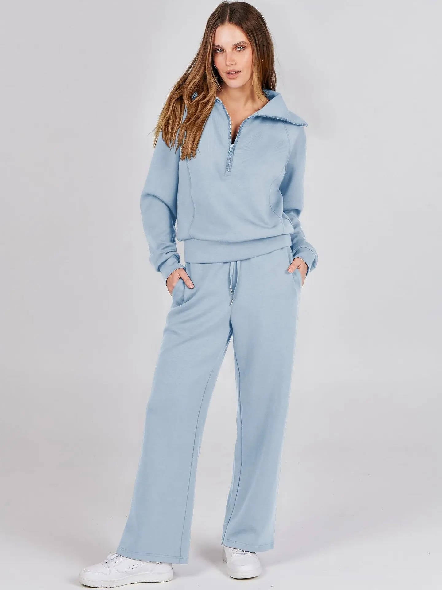 Women's two-piece lounge set half-zip V-neck sweatshirt wide-leg high-waist pants casual comfort