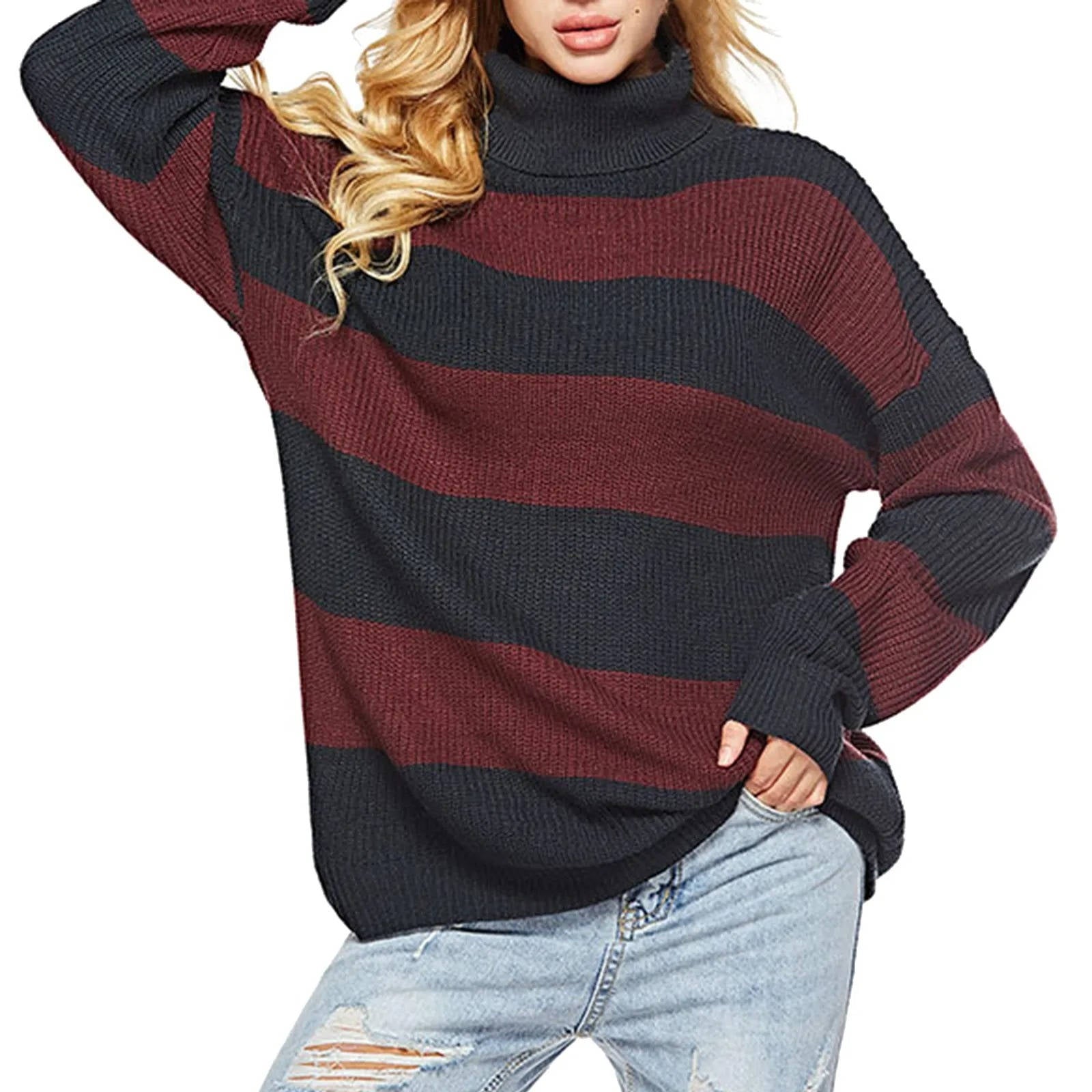 Women's striped turtleneck sweater oversized relaxed fit, cozy high-neck pullover for work