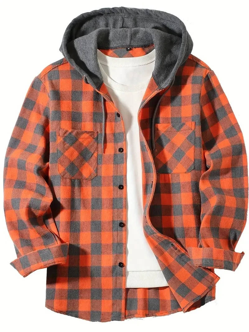 Men's red black buffalo plaid hooded flannel shirt with fleece-lined hood, lightweight brushed cotton blend