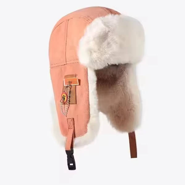 Cozy winter trapper hat with ear flaps, faux fur wool exterior, lightweight cold-weather outdoor style