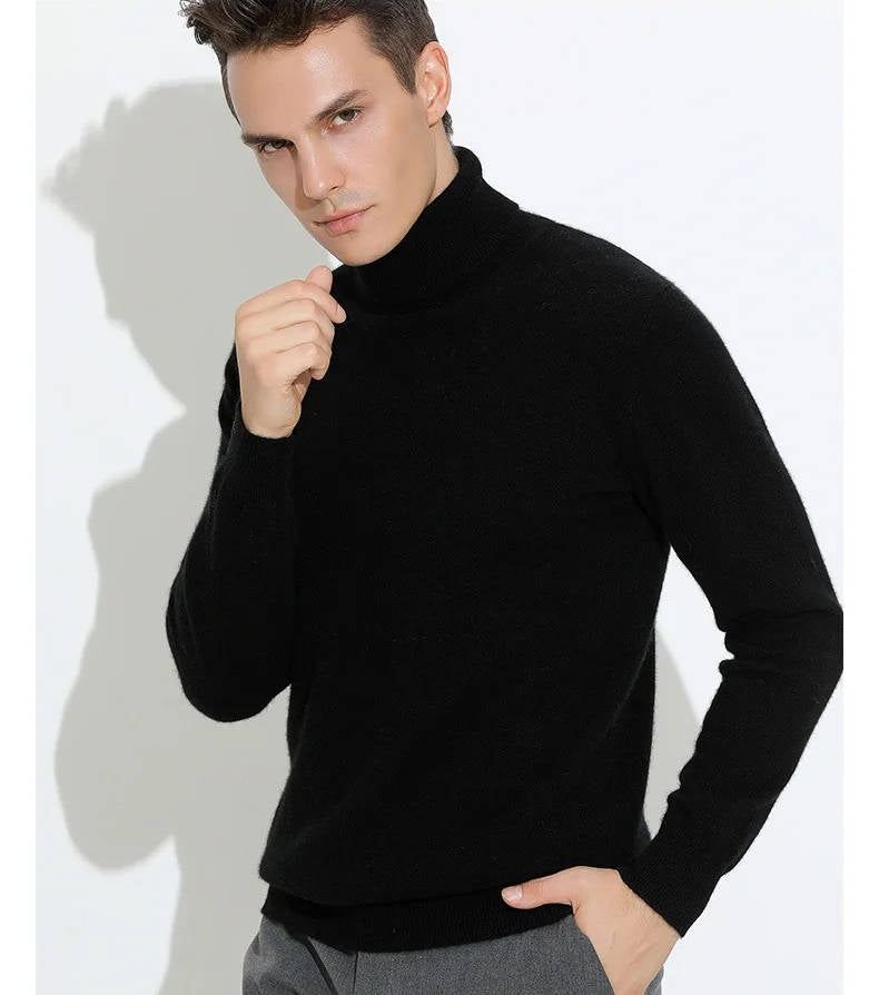 Men's slim fit cashmere turtleneck sweater fold-over collar smart casual luxury knit