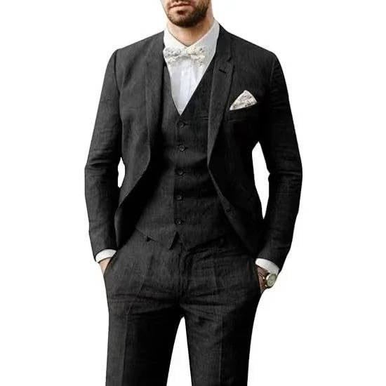 Light blue men's three-piece linen suit with vest, breathable slim-fit style for summer weddings