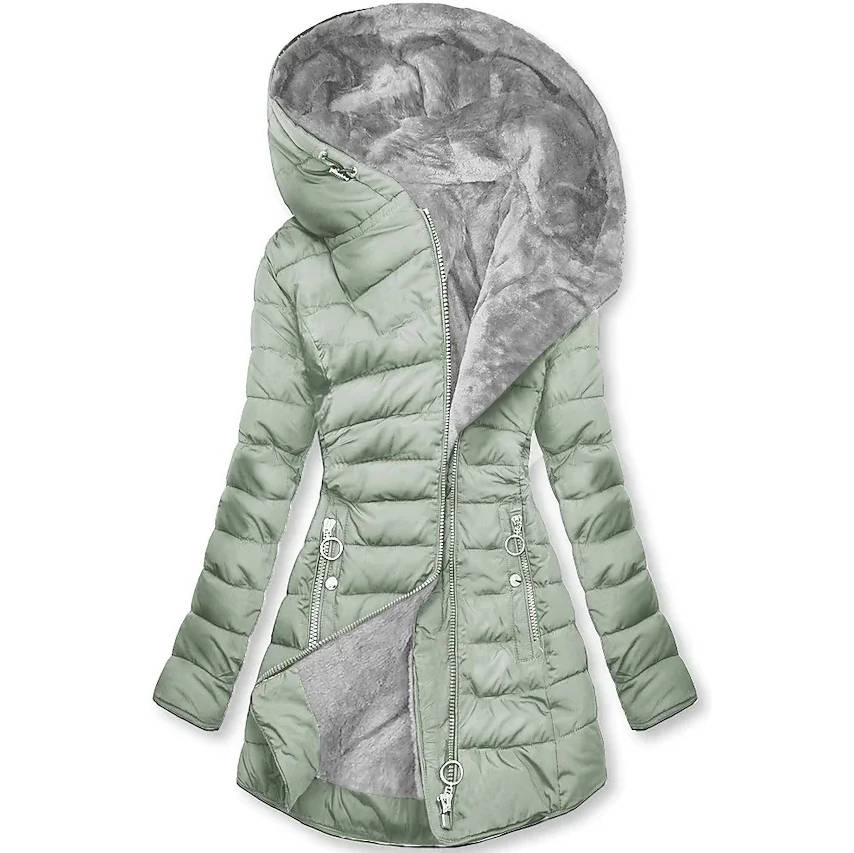 Women's hooded winter coat with fluffy polyester fill, sleek silhouette, cotton-poly blend, cozy warmth