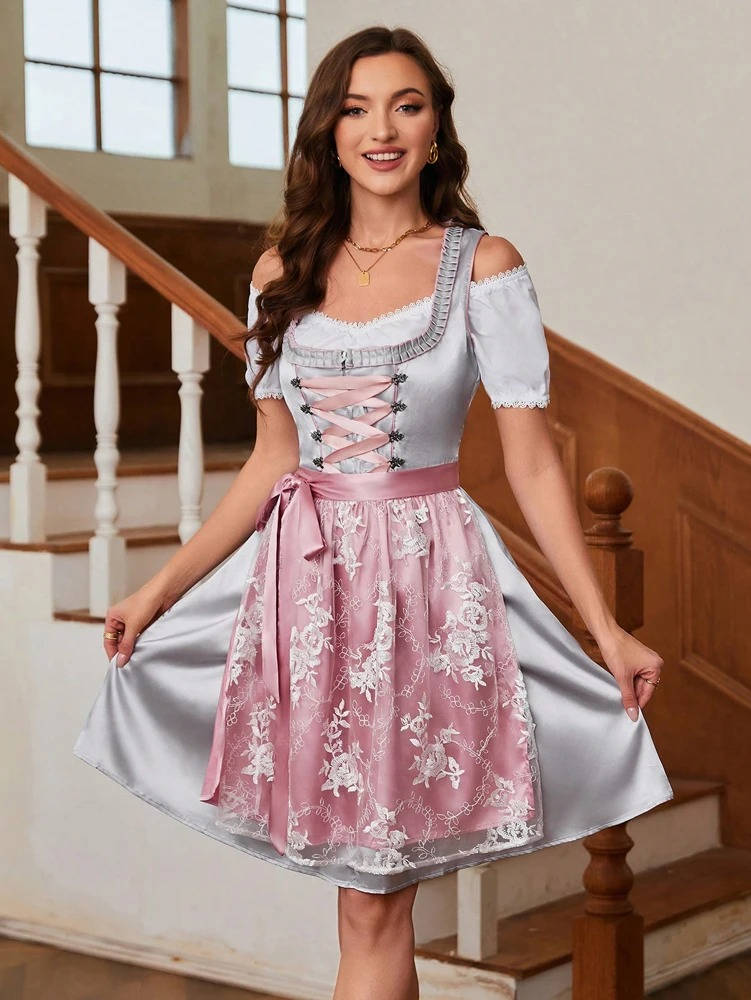 Turquoise Bavarian Dirndl dress set with lace apron, traditional embroidery, festival-ready authentic style