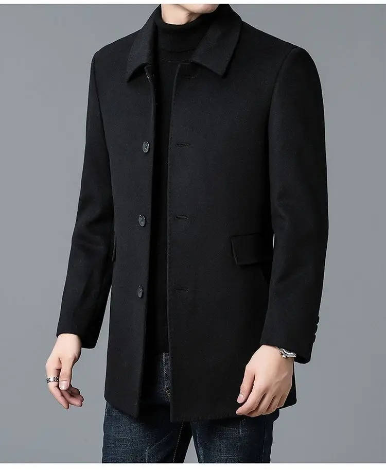 Men's tailored short overcoat wool-polyester blend structured fit sharp professional outerwear for office