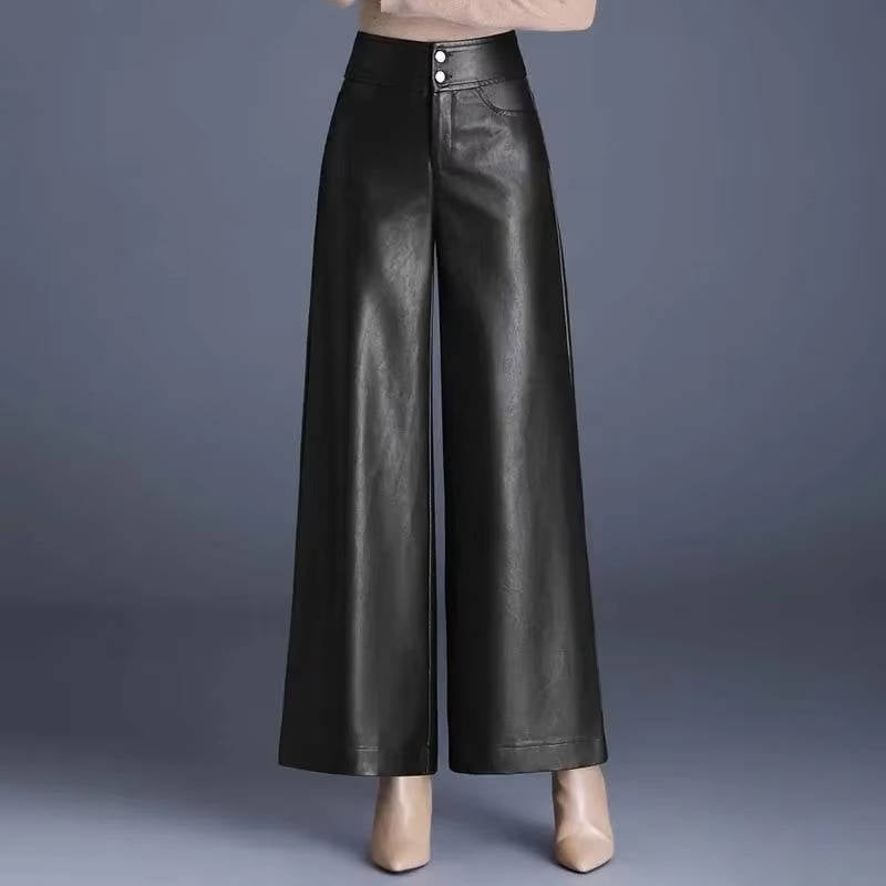 Women's faux leather wide-leg pants high-rise silhouette lightweight stretch effortless style