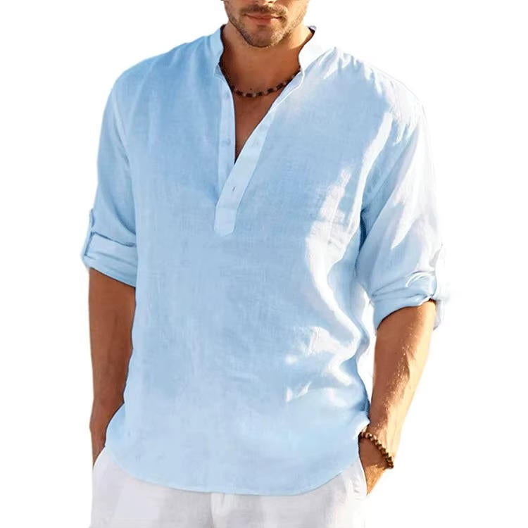 Men's linen Henley shirt rolled sleeves breathable lightweight casual summer style