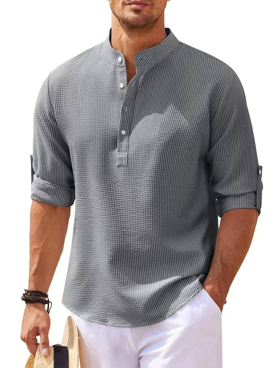 Beige waffle knit Henley shirt relaxed casual fit breathable tri-blend texture everyday comfort