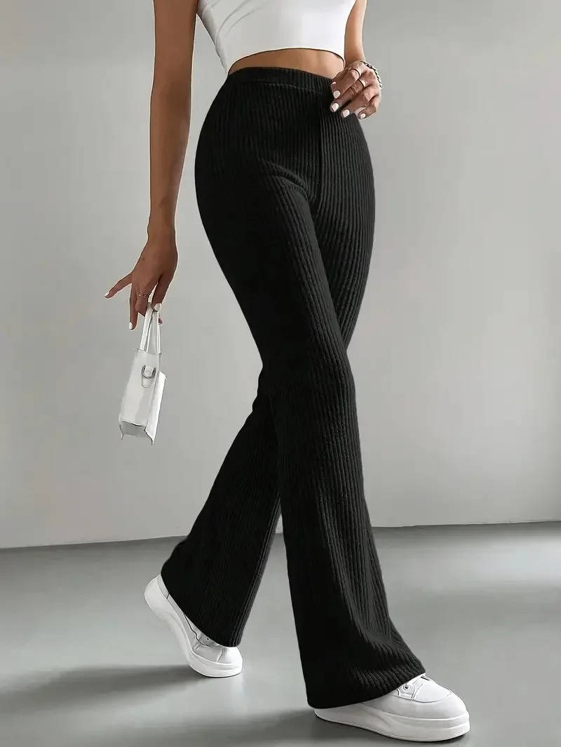 Women's ribbed knit pants sleek modern silhouette high elastic waistband ultra-soft stretch comfort
