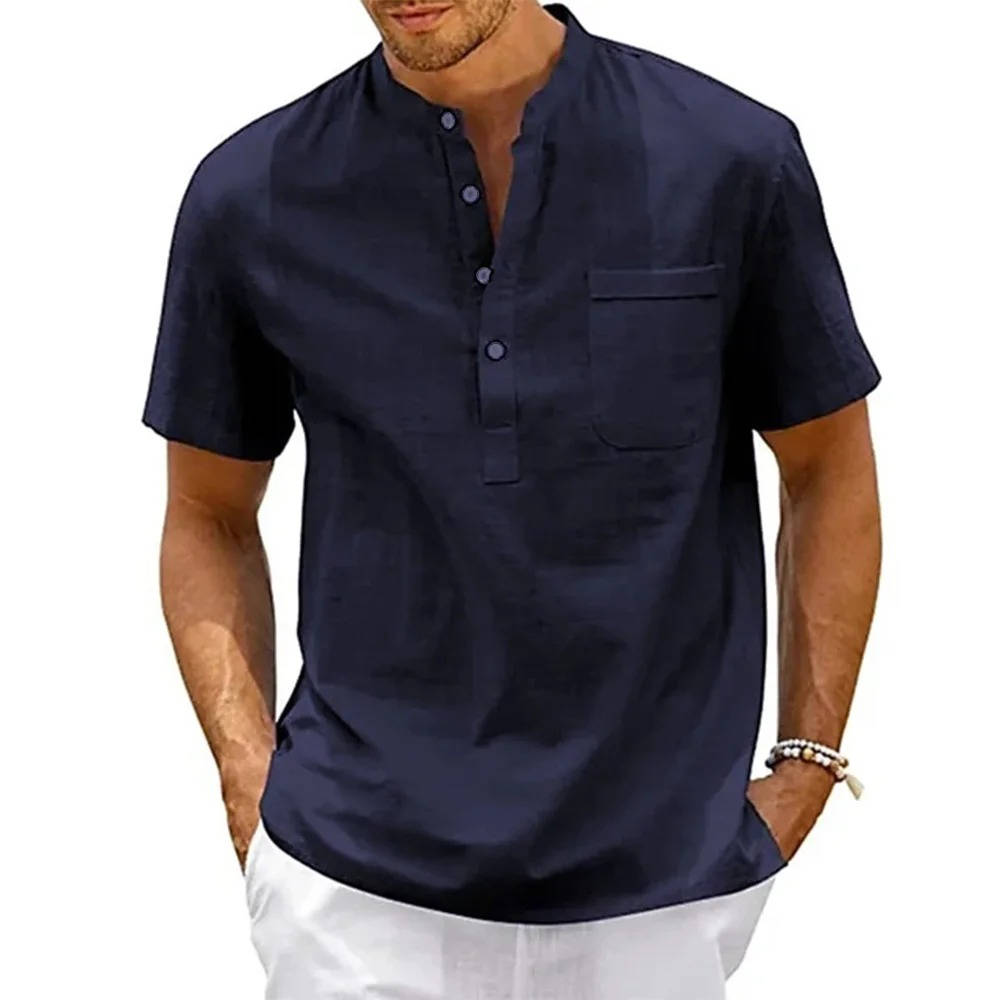 Beige men's linen Henley shirt relaxed fit short sleeves with chest pocket cotton-linen blend