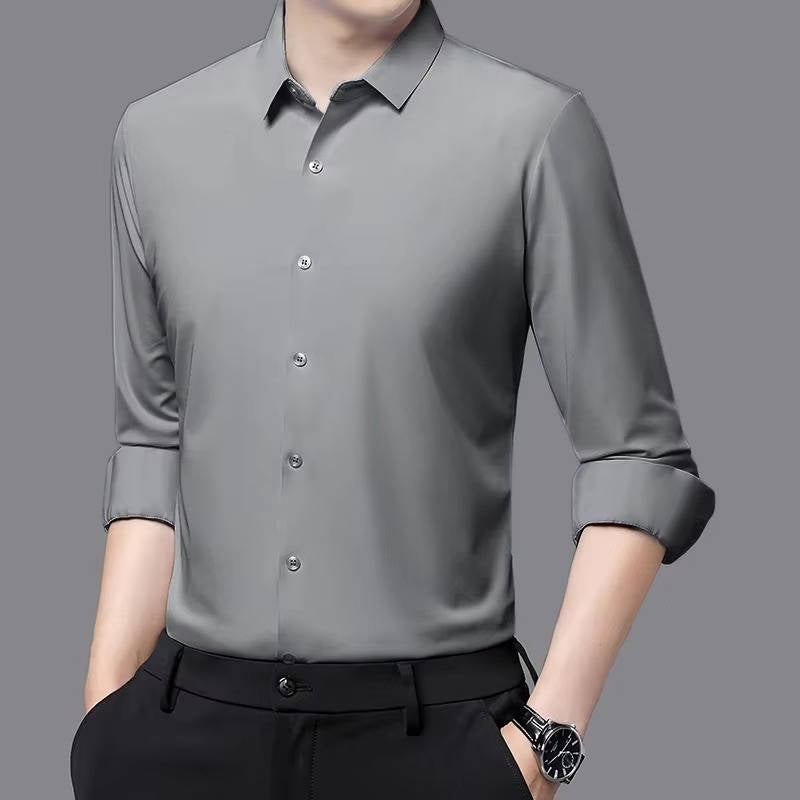 Men's wrinkle-free stretch dress shirt in classic solid color, slim professional cut with four-way flex fabric