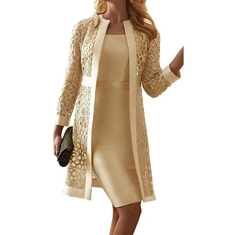 Elegant knee-length sheath mother of bride dress two-piece floral lace jacket overlay