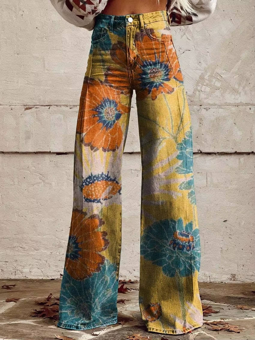 Women's high-waisted floral bell-bottom pants vintage-inspired wide-leg silhouette bold print