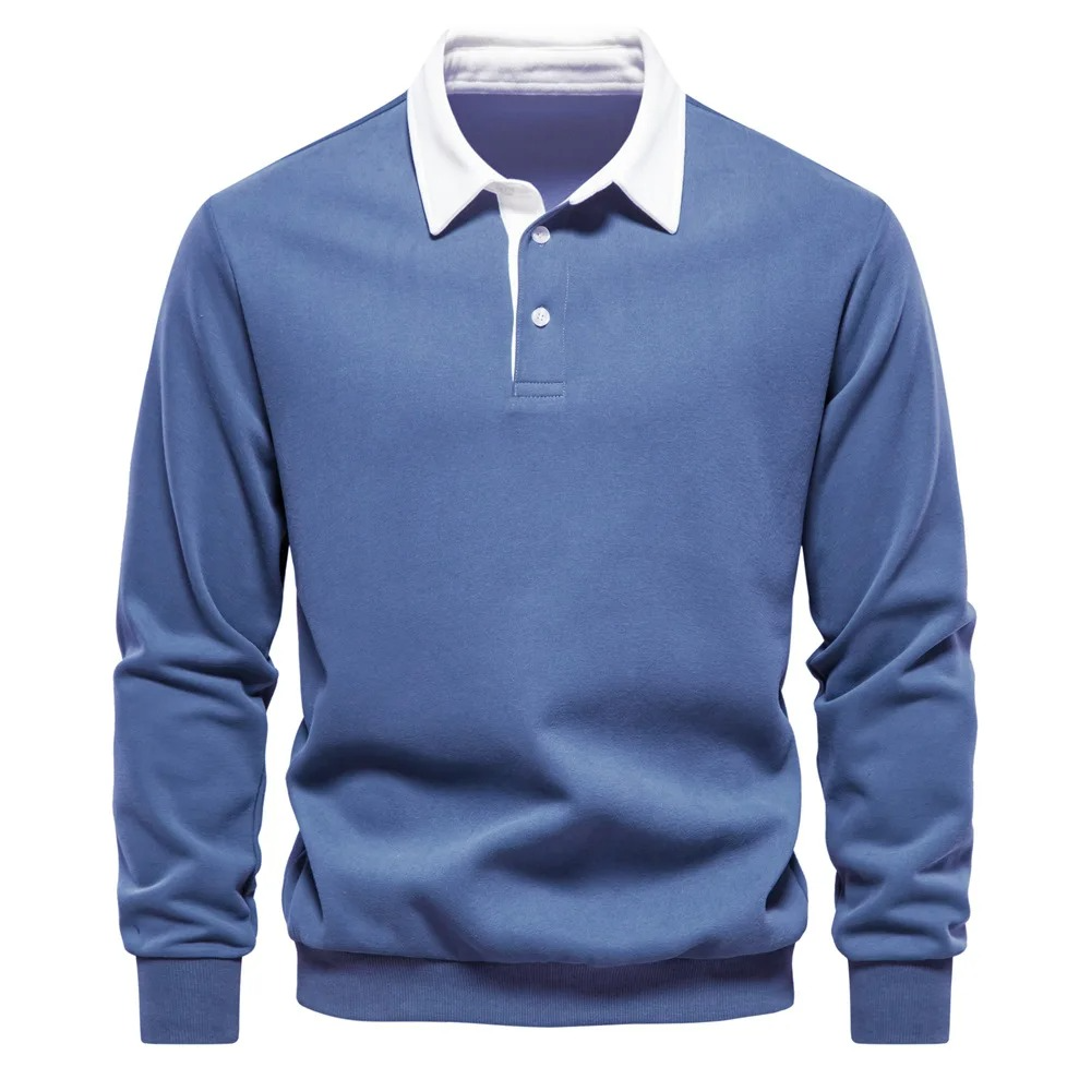 Navy men's long sleeve polo shirt cotton blend relaxed fit breathable everyday comfort style