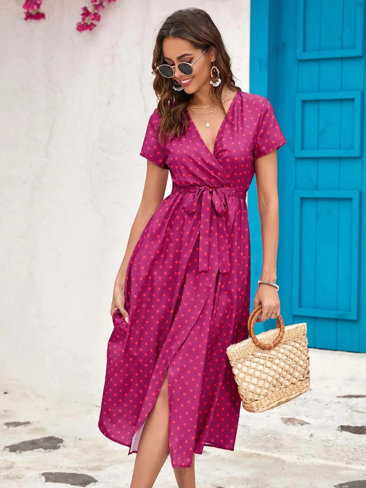 Floral wrap V-neck midi dress for women, flattering silhouette, work-to-evening style