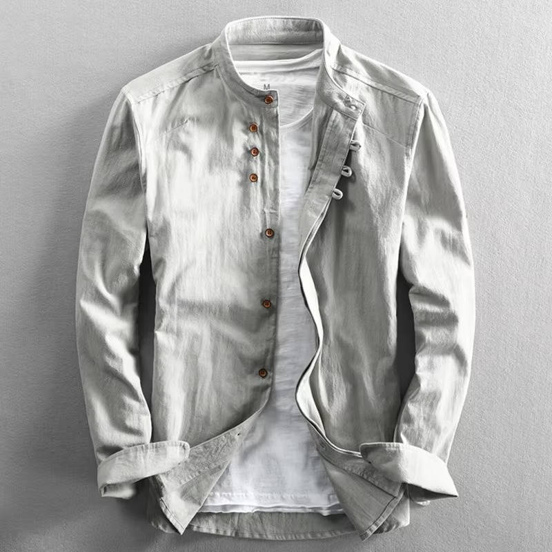 Men's white cotton linen Japan-style shirt, relaxed casual fit with breathable structured drape